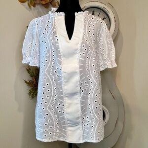 Women’s Litchy White Cotton Eyelet Blouse Boho Ruffle Puff Sleeve V-Neck 0XL